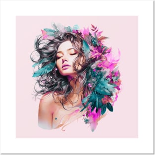 Boho Chic Goddess, Enchanting Feather Headdress Woman (Teal, Pink, and Gray) Posters and Art